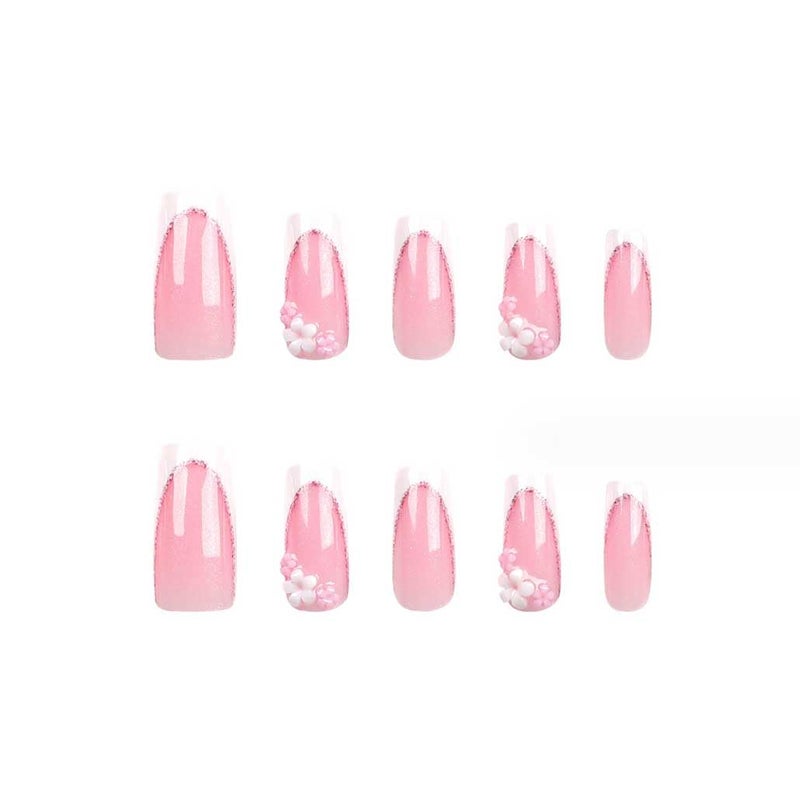 Foccna Press on Nails Long Rhinestone Pink Fake Nails Square Bling Glossy 3D Flower Artificial Nails Finger Manicure for Women and Girls-24pcs (Long Nails 5) - Image 4